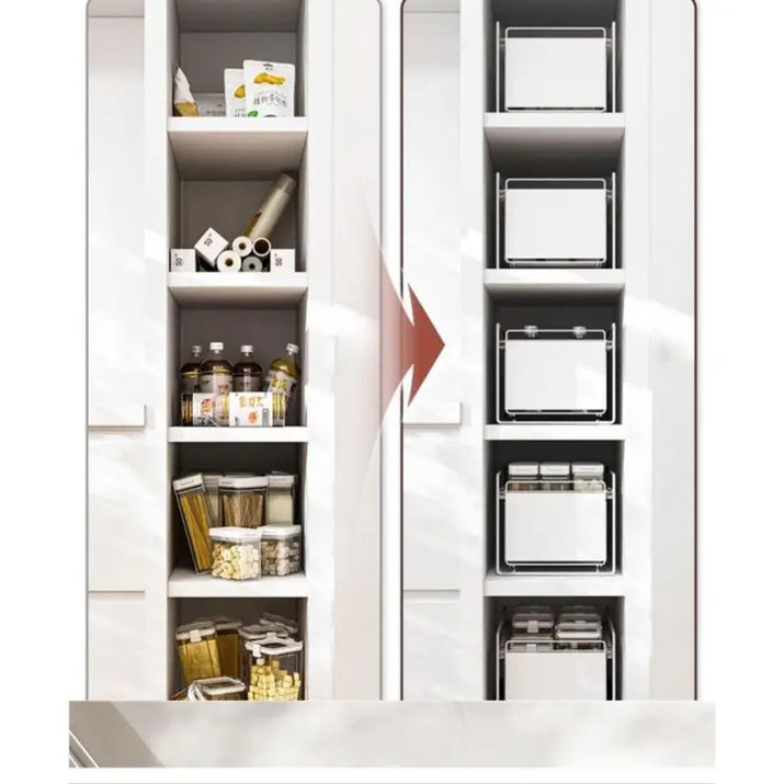 Organized pantry shelves in Pull-Out Double Storage Shelves Cabinets for efficient double sink storage