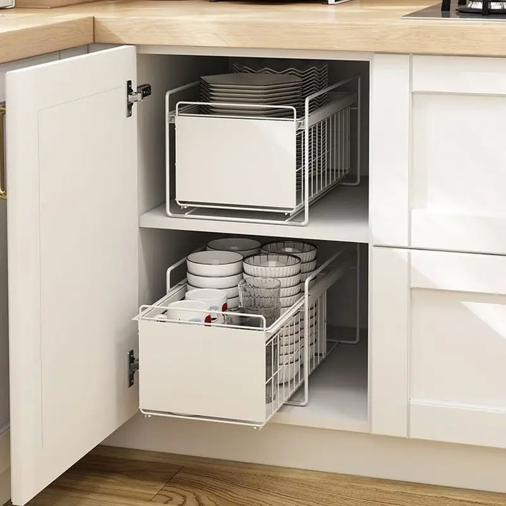 White wire pull-out cabinet organizers for double sink storage shelves and cabinets