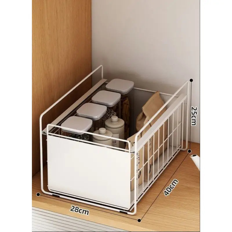 White metal pull-out storage basket in pull-out double sink and double sink storage shelves cabinets