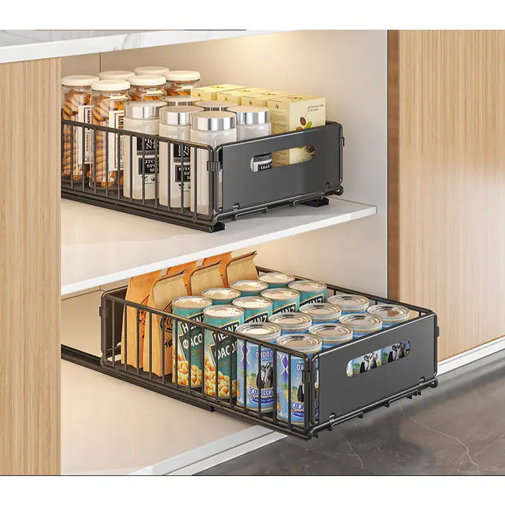 Two-tiered sliding cabinet organizers for efficient kitchen storage shelves and space