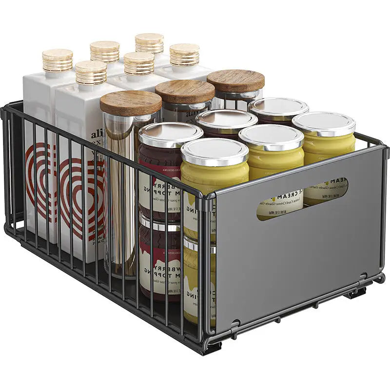 Black wire pull-out kitchen storage shelves organized with jars and bottles for efficient kitchen storage space