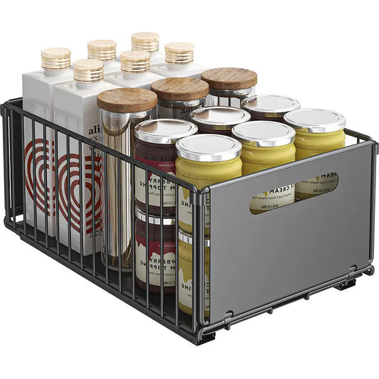 Black wire pull-out kitchen storage shelves organized with jars and bottles for efficient kitchen storage space
