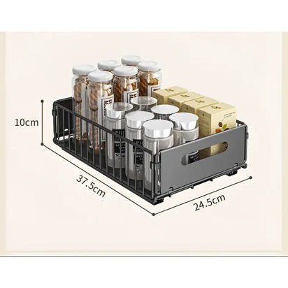 Sliding spice rack organizer in pull out kitchen storage shelves for optimized kitchen space