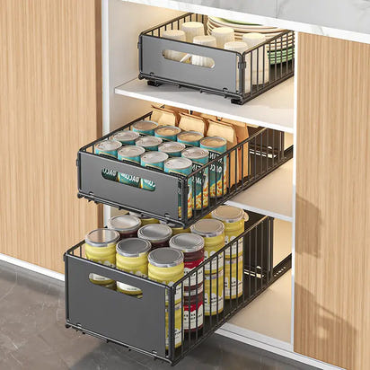 Three-tiered pull-out pantry organizers for maximizing kitchen storage shelves and space