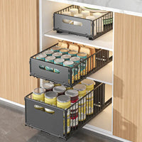 Three-tiered pull-out pantry organizers for maximizing kitchen storage shelves and space