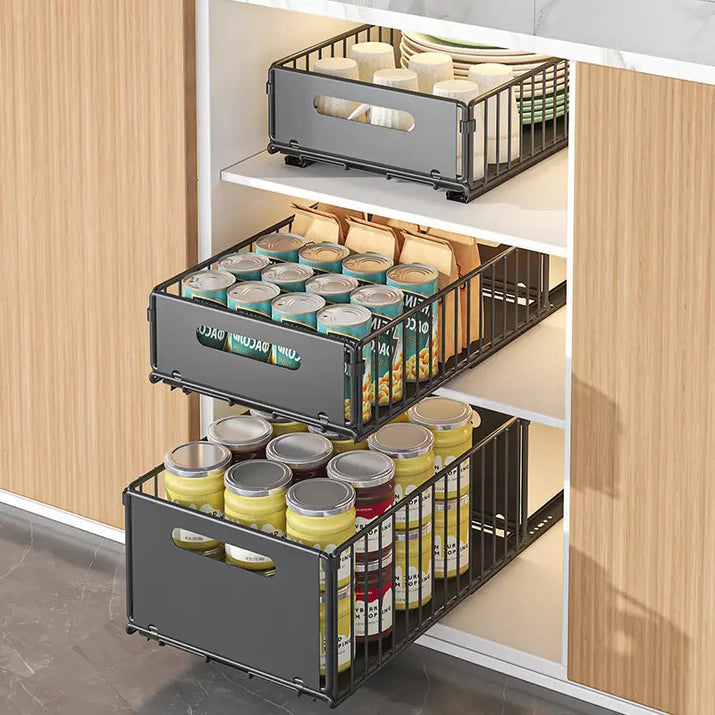 Three-tiered pull-out pantry organizers for maximizing kitchen storage shelves and space