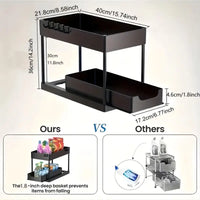 Two-tiered sliding storage organizer with dimensions for pull-out storage shelves in home organization