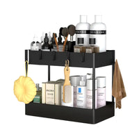 Two-tiered black bathroom storage shelves with pull-out storage for organization