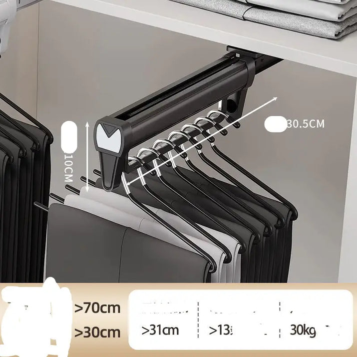 Retractable multi-trouser hanger.