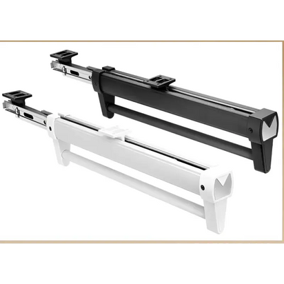 Black and white pull-out closet rod.