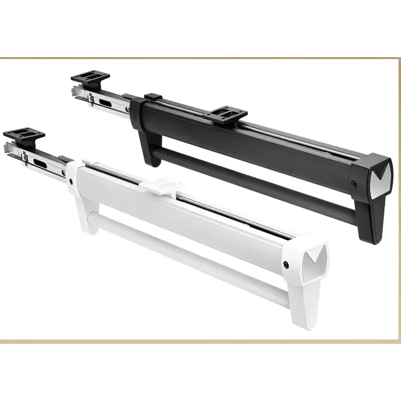 Black and white pull-out closet rod.