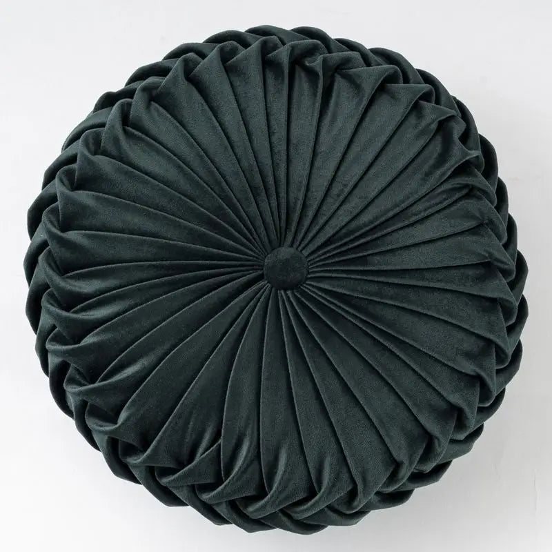 Round dark green velvet Pumpkin Pillow Wheel Cushion with button center, playful pumpkin pillow