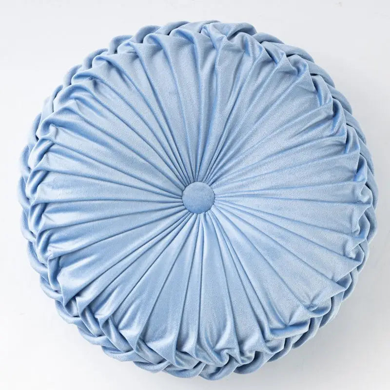 Round light blue pleated velvet Pumpkin Pillow Wheel Cushion with a playful pumpkin pillow design
