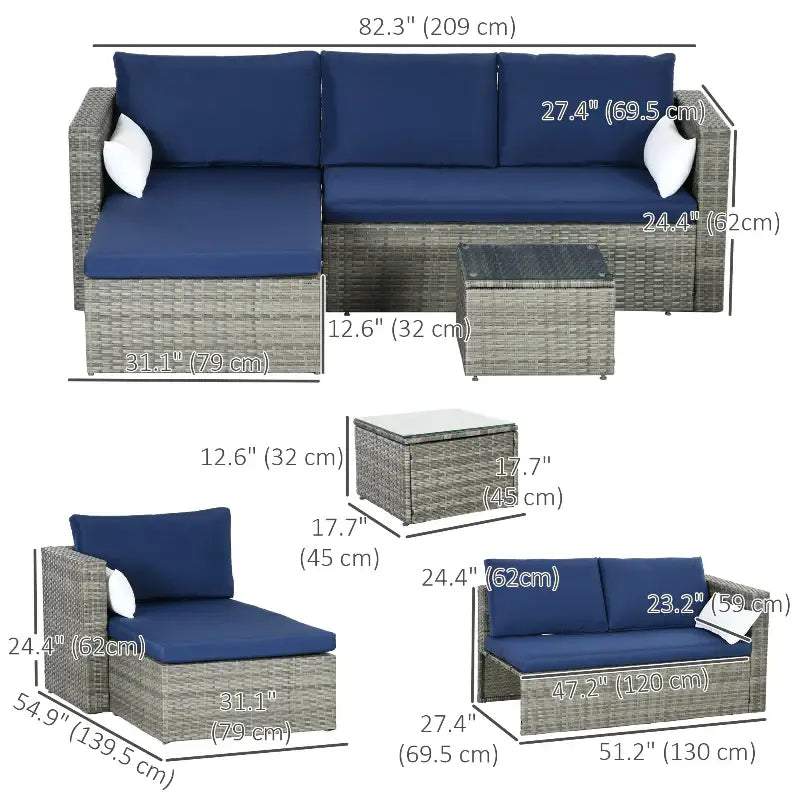 Wicker patio furniture set with loveseat sofa, chaise lounge, blue cushions and labels