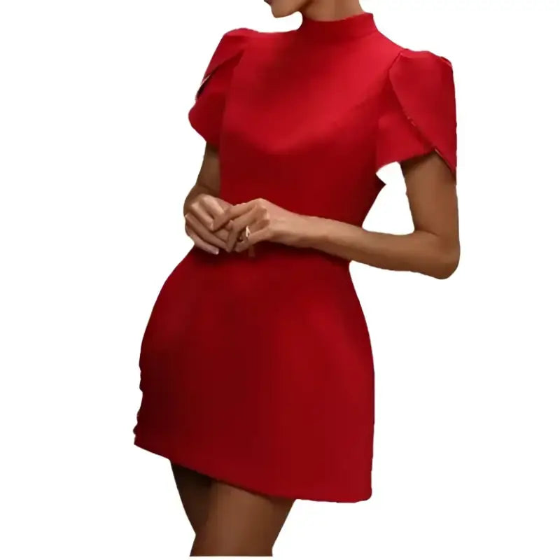 Red, high-necked mini dress.