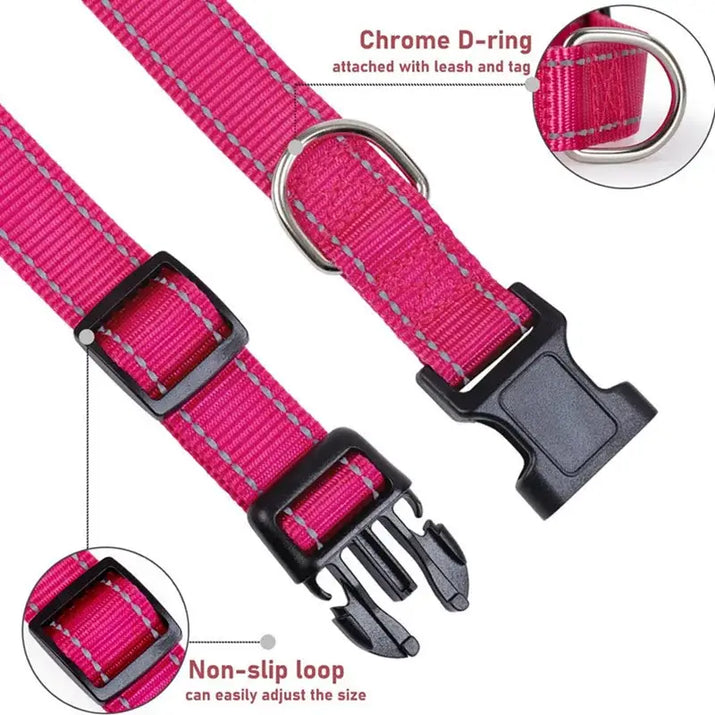 Pink reflective dog collar with a stripe for safety and visibility during walks