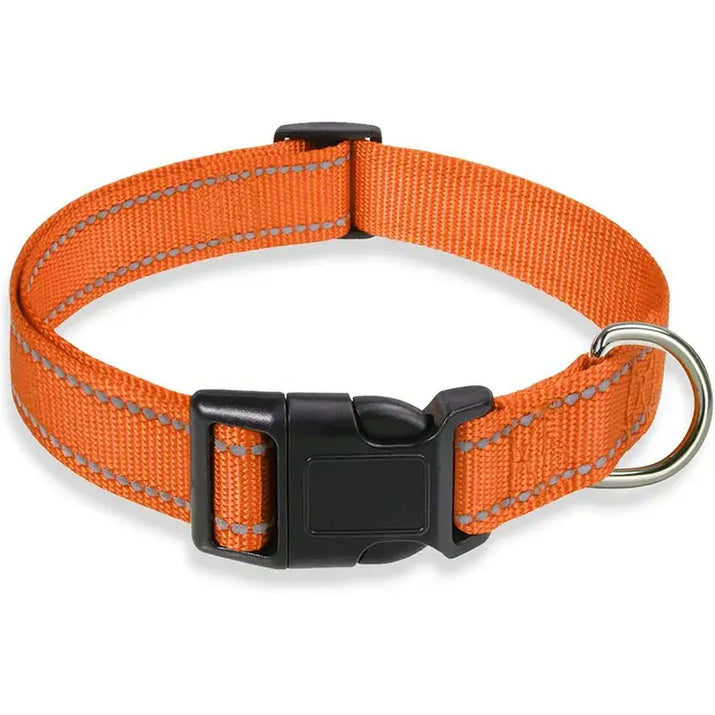Reflective dog collar with orange color and black buckle for safety and visibility