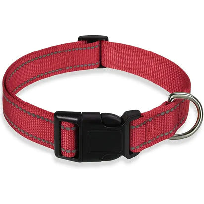 Bright red nylon reflective dog collar for visibility and safety during walks
