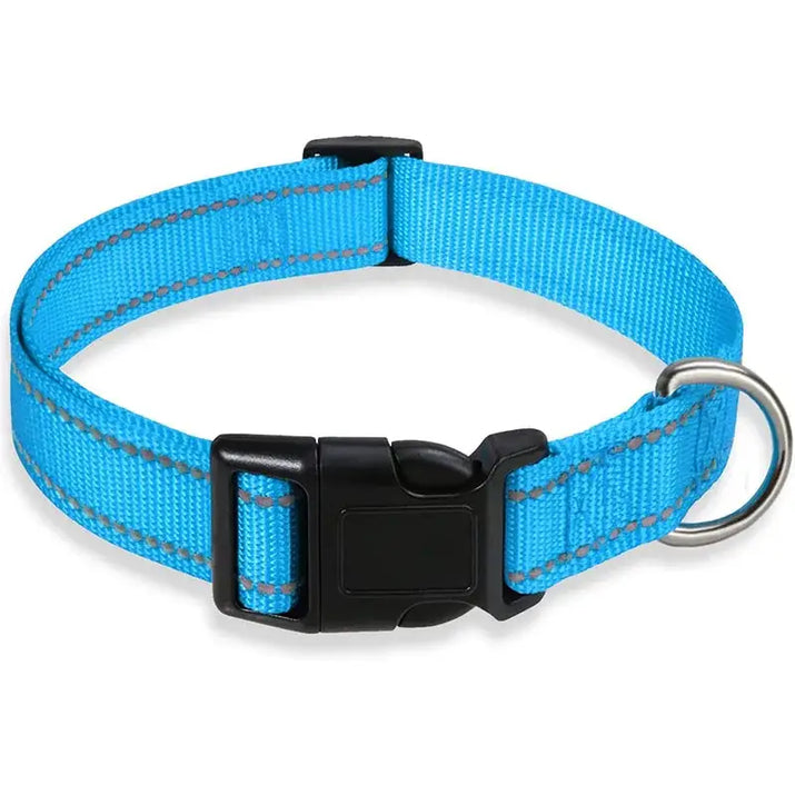 Blue nylon reflective dog collar with black buckle for visibility and safety