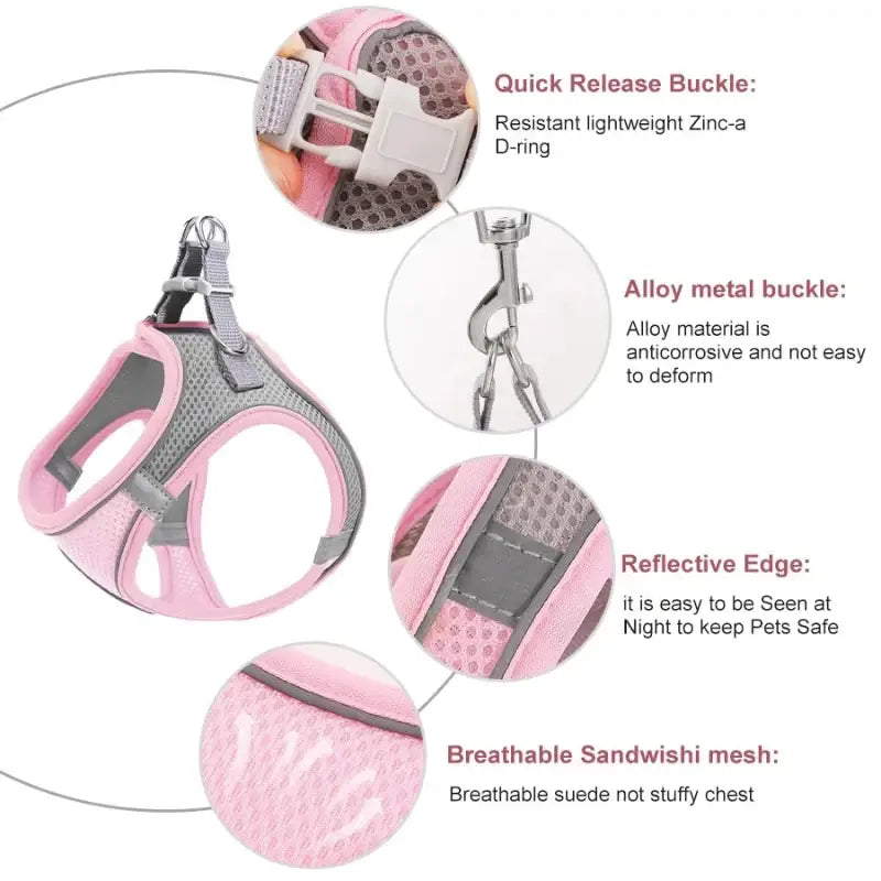 Pink dog harness with breathable mesh and reflective edges from Reflective Pet Harnesses set