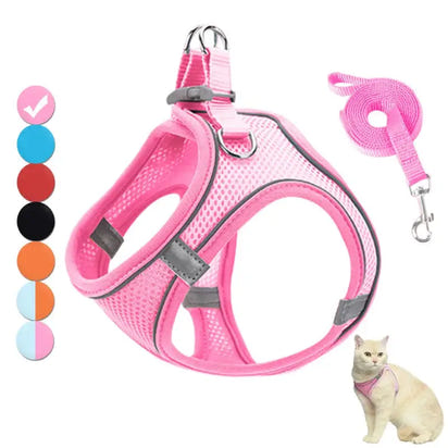 Pink mesh pet harness and leash set featuring reflective pet harnesses for safety