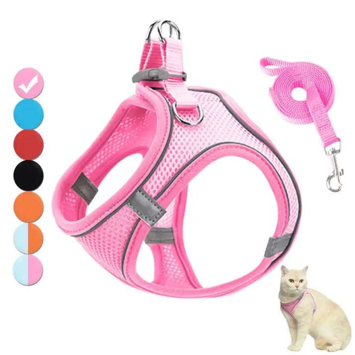 Pink mesh pet harness and leash set featuring reflective pet harnesses for safety