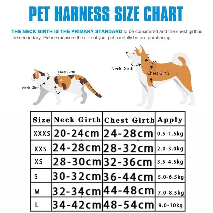 Pet harness size chart for reflective pet harnesses and leashes set in the product display