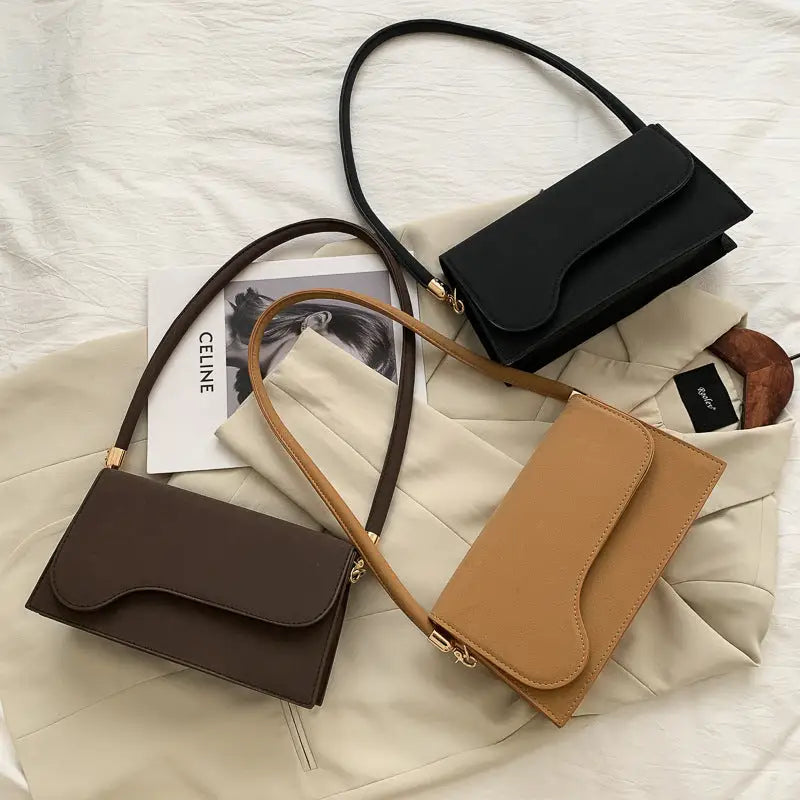 Three retro PU women’s shoulder bags displayed in a stylish women’s shoulder bag collection