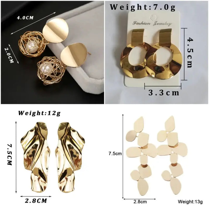 Assorted gold-colored statement metal long drop earrings with size and weight info
