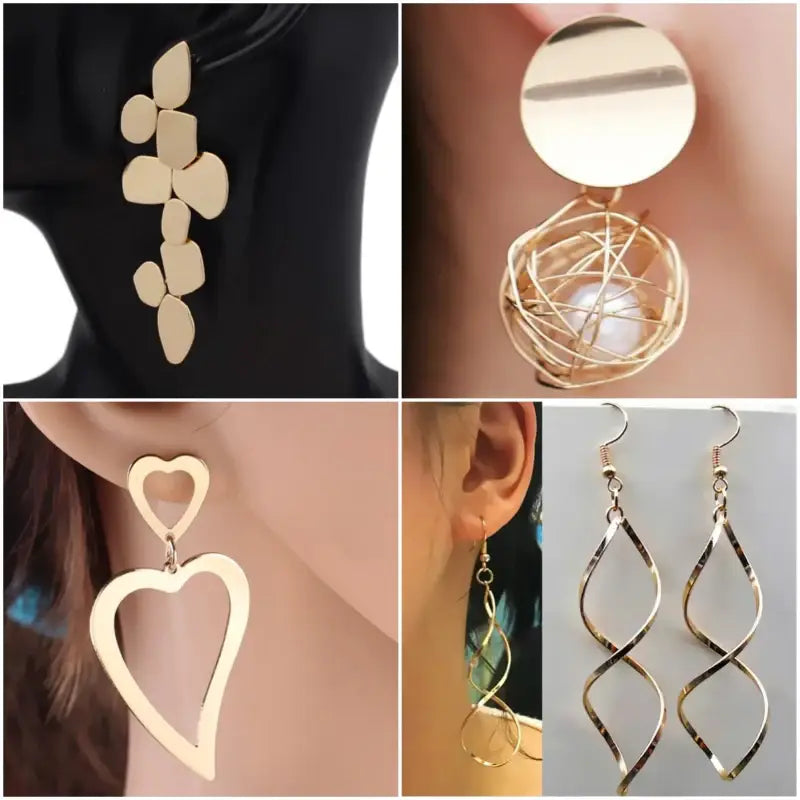 Assorted gold long drop earrings featuring retro charm and statement metal long design