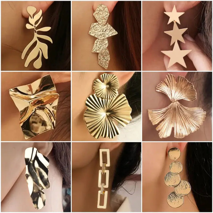 Assorted gold-toned long drop earrings with retro charm for statement metal long jewelry