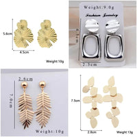 Four pairs of Retro Statement Metal Long Drop Earrings with dimensions and weights