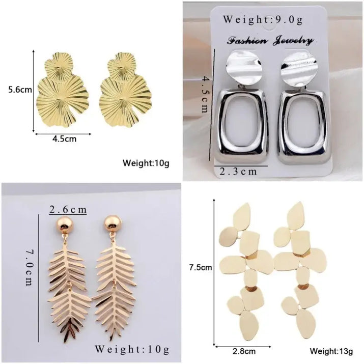 Four pairs of Retro Statement Metal Long Drop Earrings with dimensions and weights