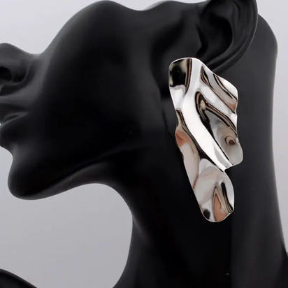Shiny abstract silver long drop earrings with retro charm, perfect for statement metal long jewelry