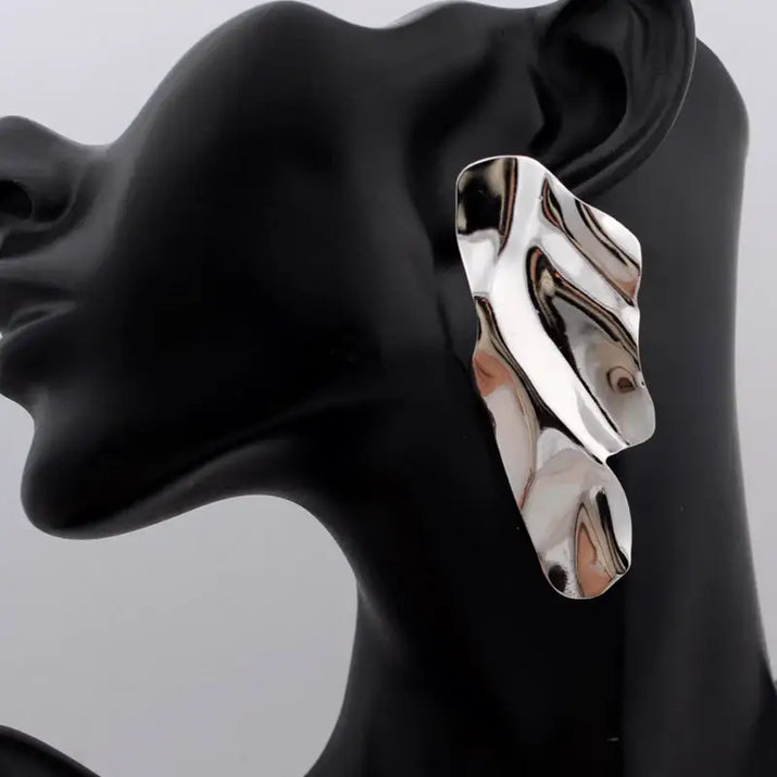 Shiny abstract silver long drop earrings with retro charm, perfect for statement metal long jewelry