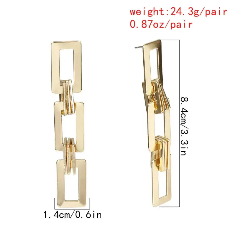 Gold rectangular chain earrings showcasing retro charm in statement metal long drop earrings design