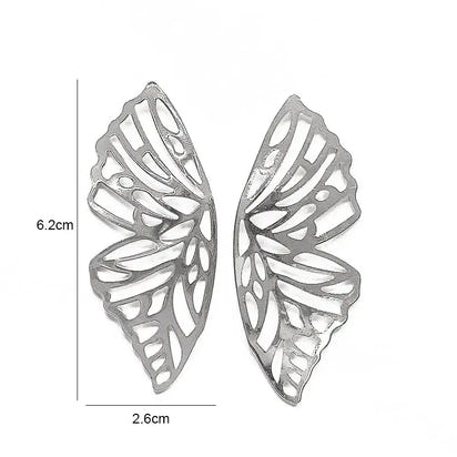 Silver butterfly wing earrings showcasing retro charm in statement metal long drop earrings