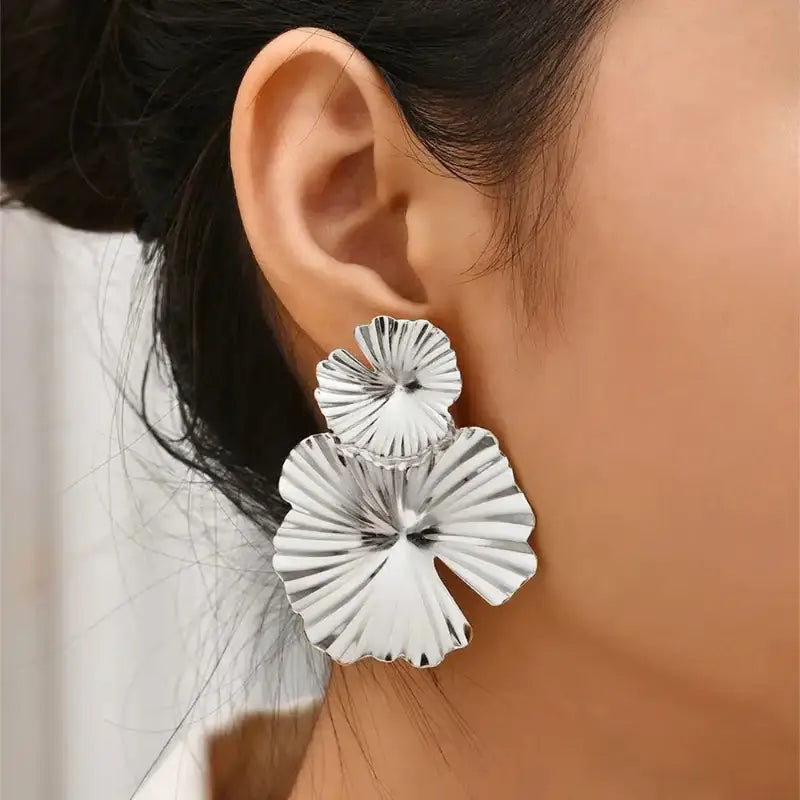 Silver floral statement earrings with retro charm, long drop earrings, statement metal long design
