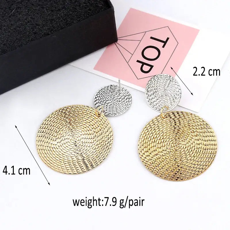 Two-tone textured disc earrings showcasing retro charm for statement metal long drop earrings