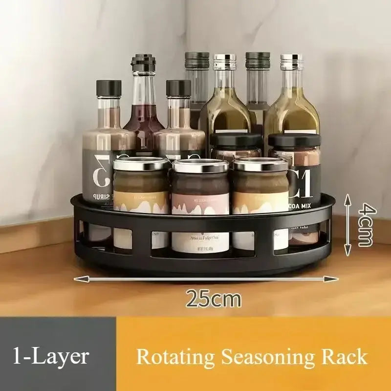 Rotating two-tiered black seasoning rack on flexible rotation storage racks for kitchen organization