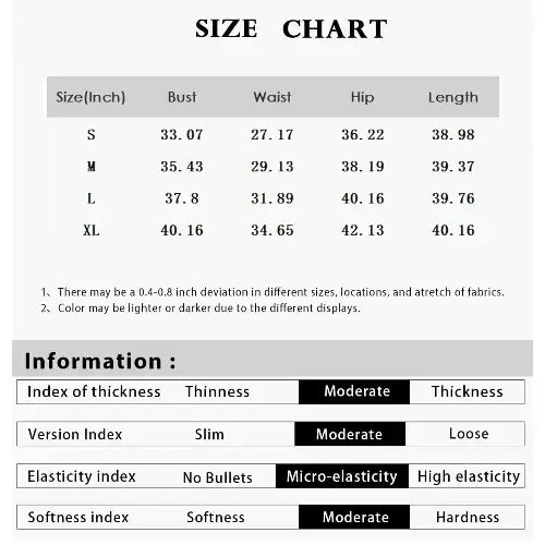 Clothing size and information chart.