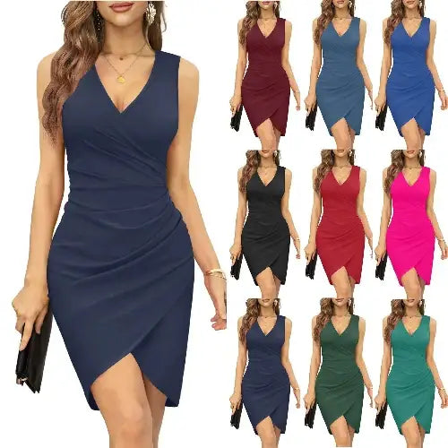 Sleeveless V-neck wrap dress in multiple colors.