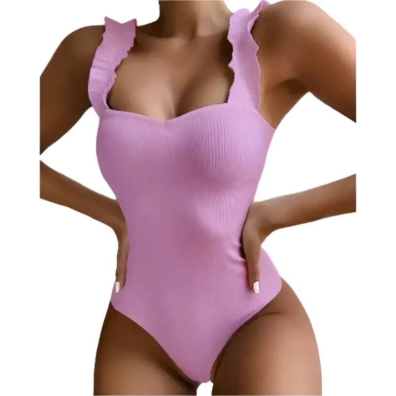 Pink ribbed one-piece swimsuit.