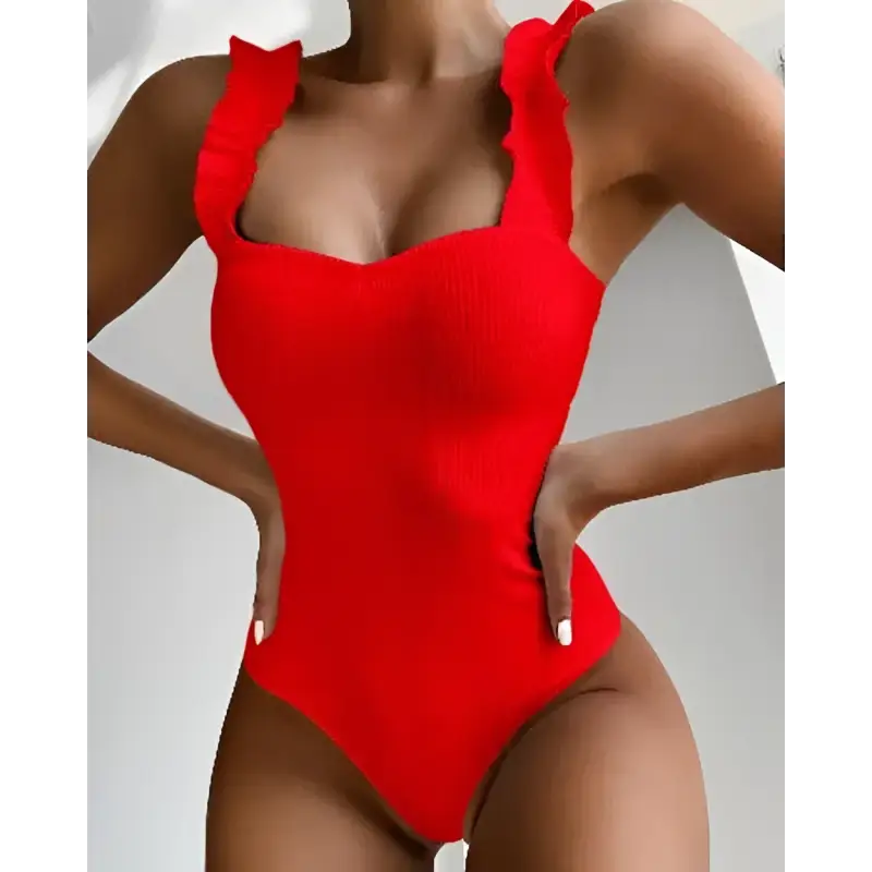 Red ruffled one-piece swimsuit.