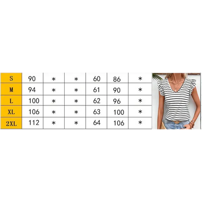 Striped ruffle-sleeve top with size chart.