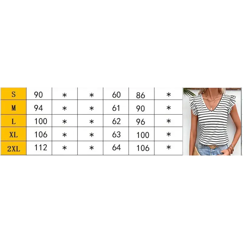 Striped ruffle-sleeve top with size chart.
