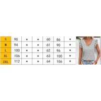 Striped ruffle-sleeve top with size chart.