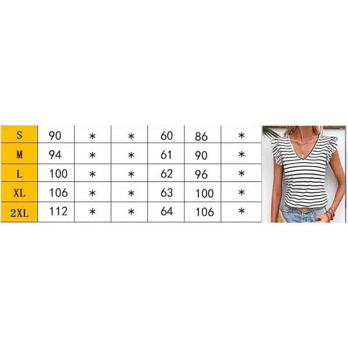 Striped ruffle-sleeve top with size chart.