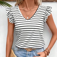 Striped V-neck flutter-sleeve top.