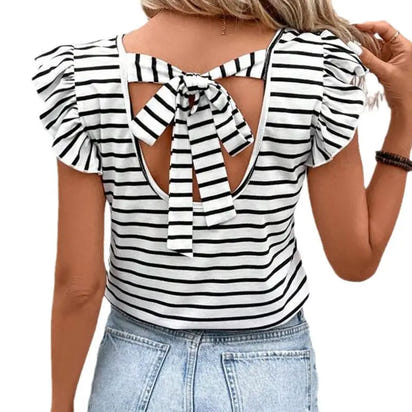 Striped backless top with bow.